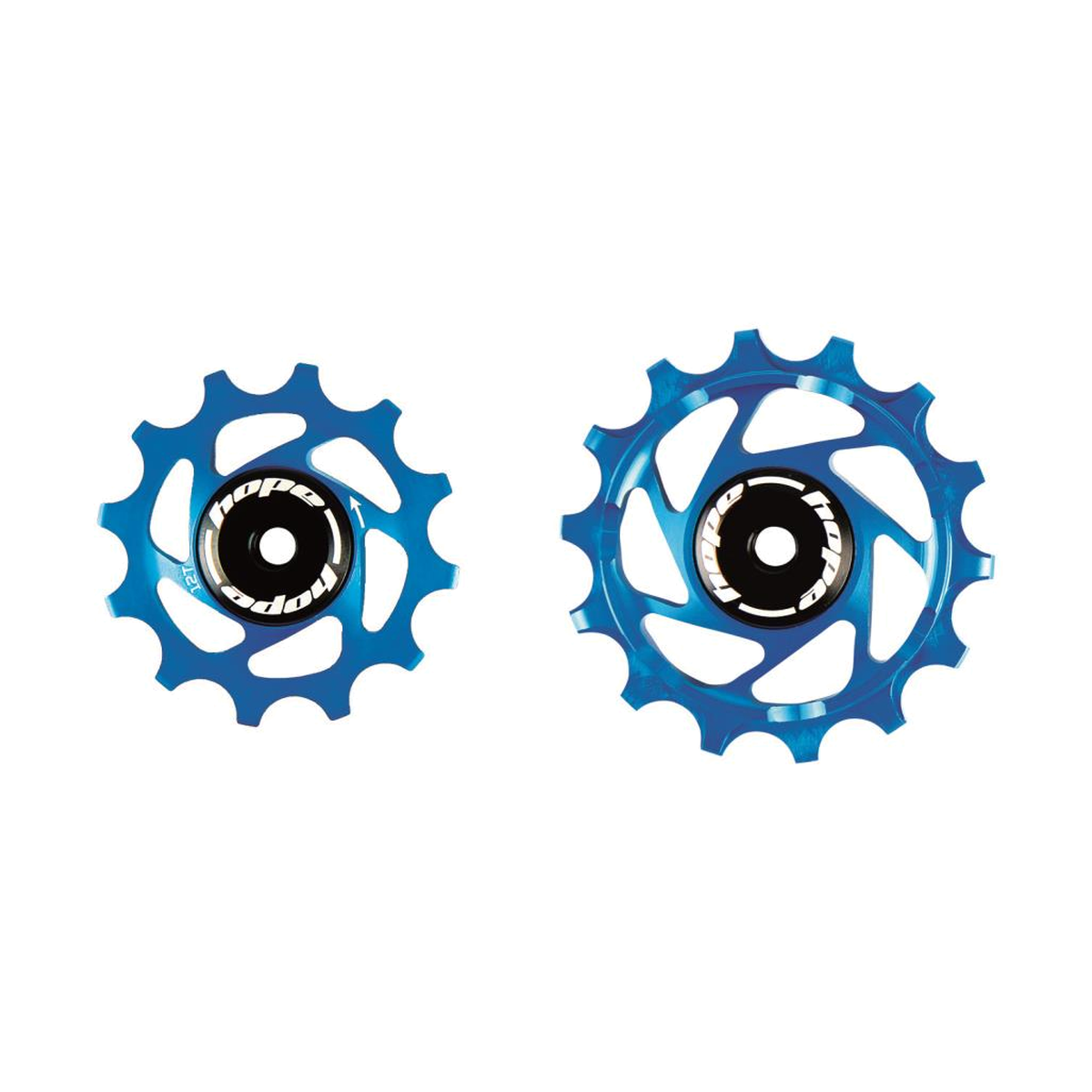 Galets de Dérailleur Arrière 12V HOPE Sram 12/14 Dents Bleu — pièce sur fond blanc
