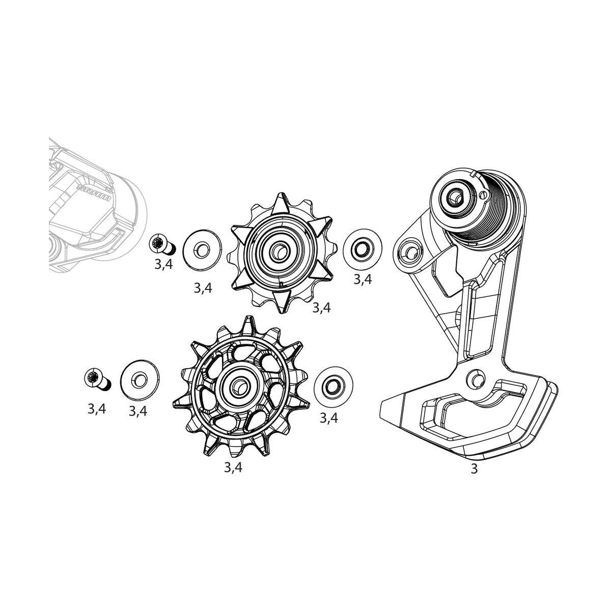 Chape de Dérailleur Arrière Complète 7V SRAM XX DH T-TYPE EAGLE AXS — illustration d'origine cadrée sur fond blanc