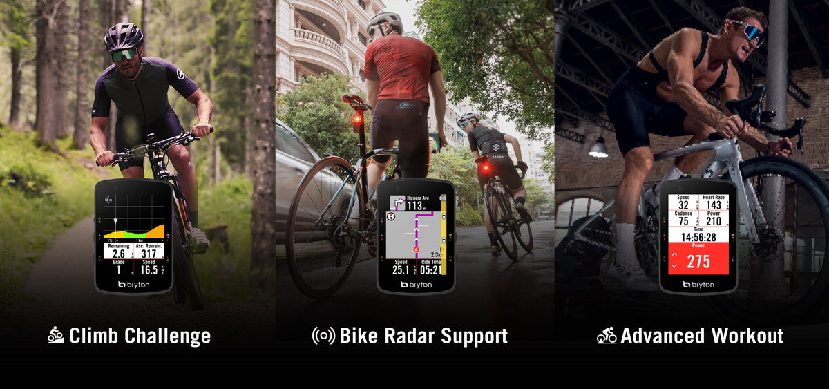 Compteur GPS BRYTON RIDER 550 E — fonctions Climb Challenge, radar et entraînement, illustration constructeur