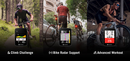 Compteur GPS BRYTON RIDER 550 E — fonctions Climb Challenge, radar et entraînement, illustration constructeur