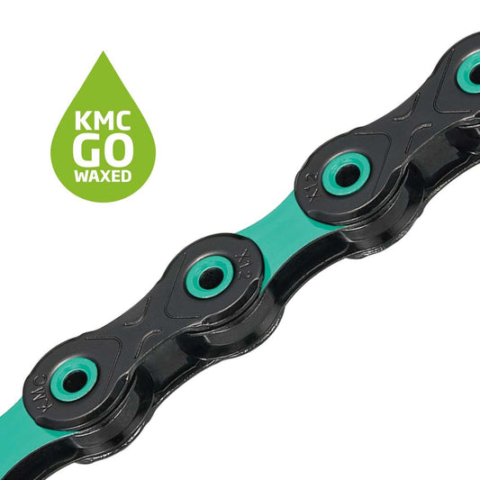 Chaîne 12V KMC DLC12 Waxed Noir/Turquoise Ciré