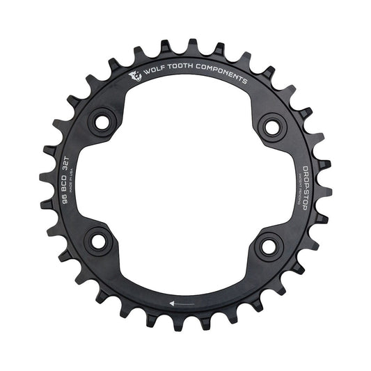 Plateau Mono WOLF TOOTH 96 BCD 11V Shimano XTR M9000/M9020 4 Trous 96mm Noir — vue du plateau sur fond blanc