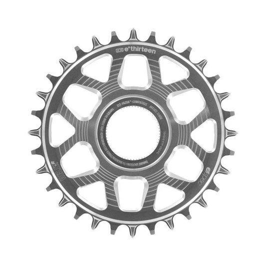 Plateau Mono E-THIRTEEN HELIX RACE E-SPEC 11/12V Direct Mount Fazua Ride 60 Argent — vue du plateau sur fond blanc
