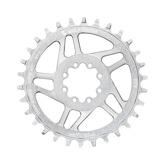 Plateau Mono WOLF TOOTH DROP-STOP B DM 8 Vis Sram Eagle Boost Offset 0mm Raw Silver — vue du plateau sur fond blanc
