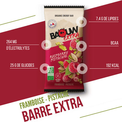 Barre Énergétique BAOUW BIO EXTRA Framboise-Pistache (50g)