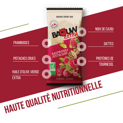 Barre Énergétique BAOUW BIO EXTRA Framboise-Pistache (50g)