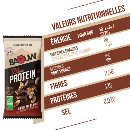 Barre Protéinée BAOUW BIO EXTRA Chocolat/Cachuètes (50g)
