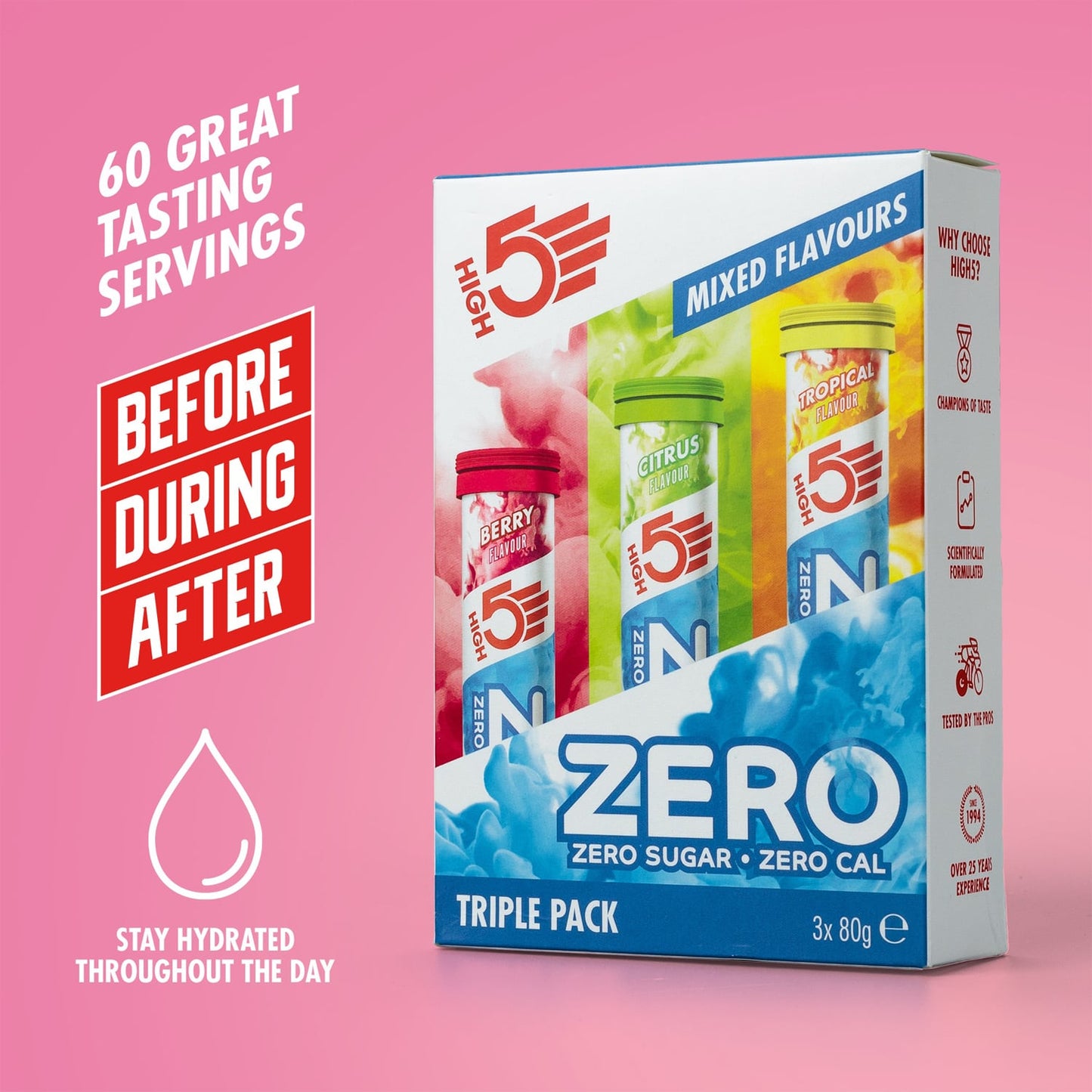 Pack 3x20 Pastilles HIGH5 ZERO  Hydratation Electrolyte Fruits Rouge/Citron/Tropical