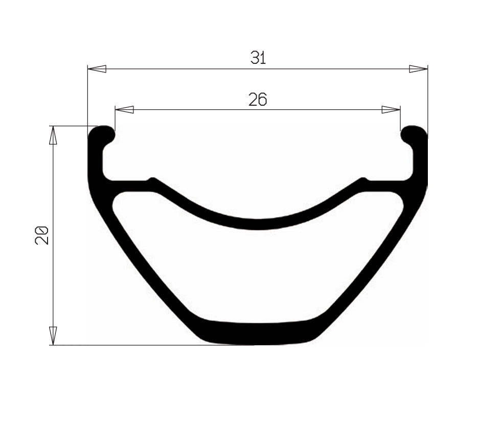 Profil de la jante HOPE FORTUS 26 W : largeur externe 31 mm, largeur interne 26 mm, hauteur 20 mm