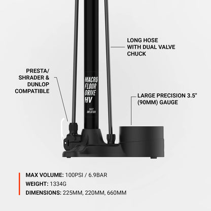 Pompe à Pied LEZYNE MACRO HV FLOOR DRIVE DV Noir