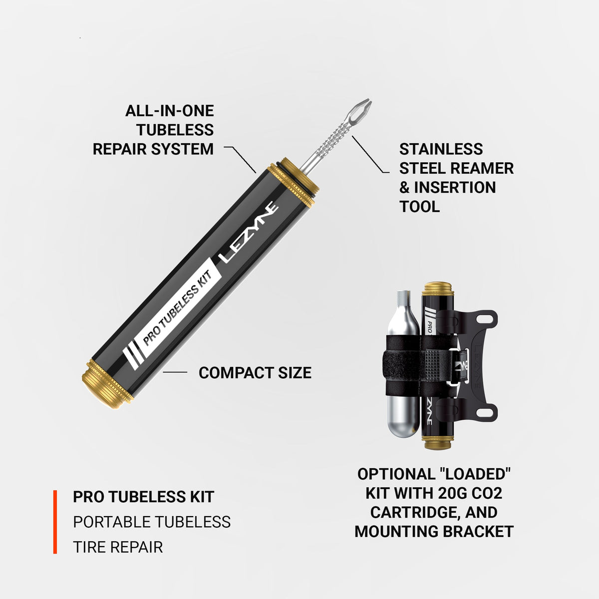 Kit de Réparation Tubeless LEZYNE PRO Loaded + Cartouche Co2 20g Noir