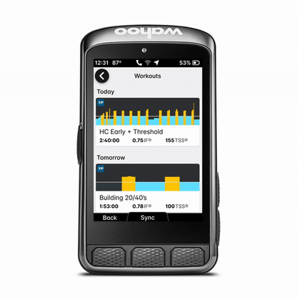Compteur GPS WAHOO ELEMNT ACE — vue de face, menu des entraînements