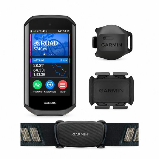 Compteur GPS GARMIN EDGE 1050 BUNDLE — présentation du pack et de ses accessoires, sur fond blanc