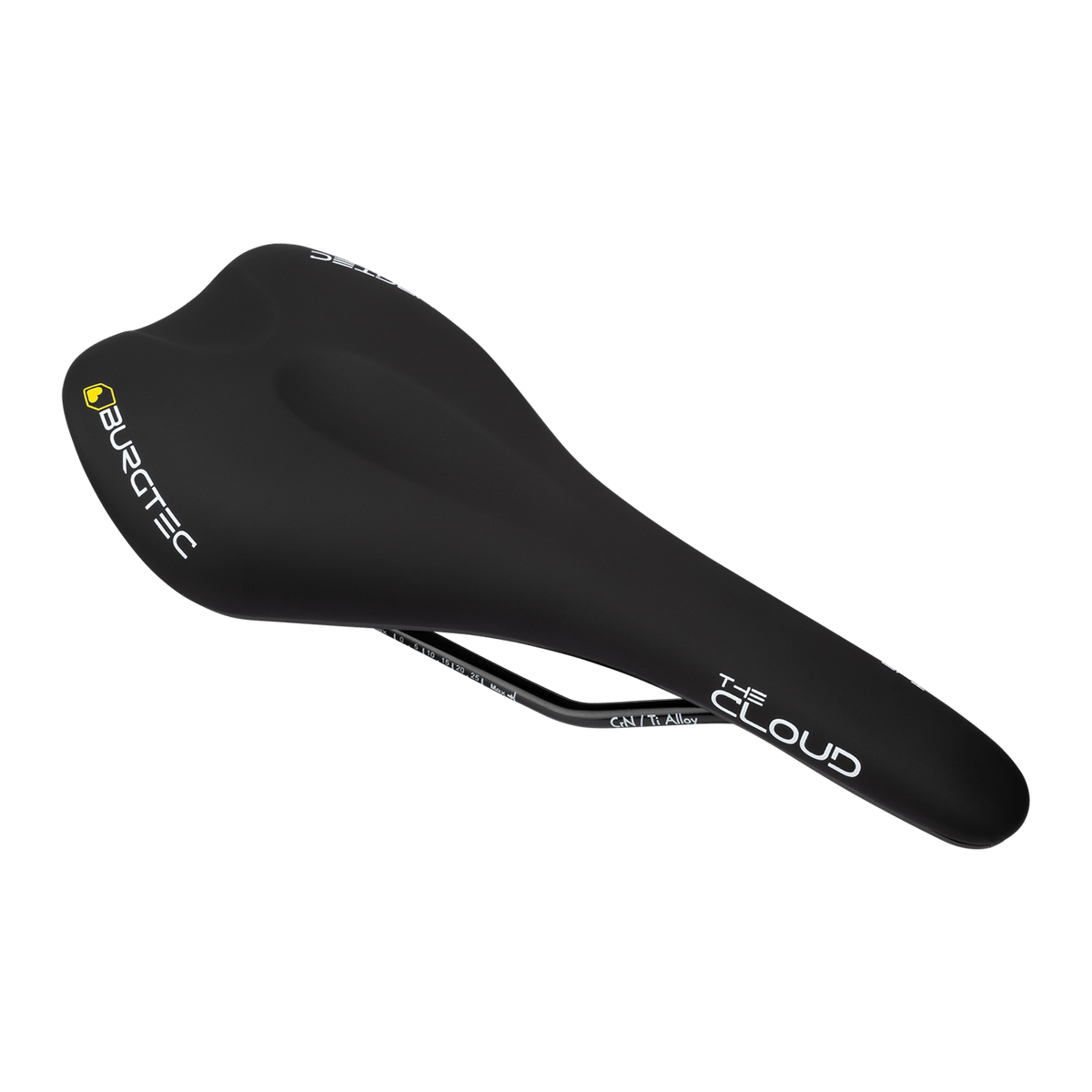 Selle BURGTEC THE CLOUD MK2 Rails Titane Noir — vue trois quarts titane