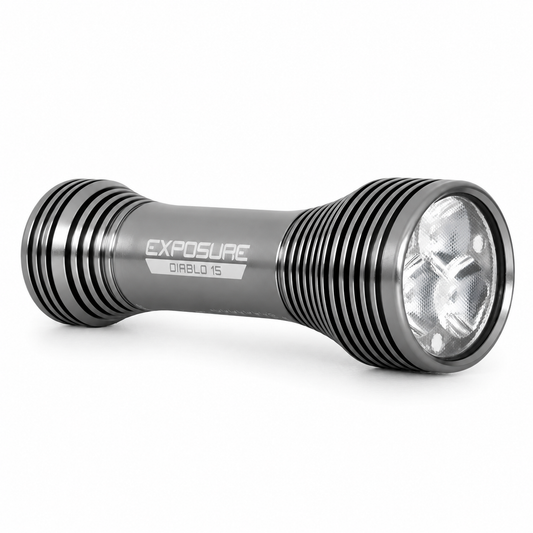 Éclairage Avant EXPOSURE LIGHTS DIABLO 15 avec Support de Casque — vue produit sur fond blanc