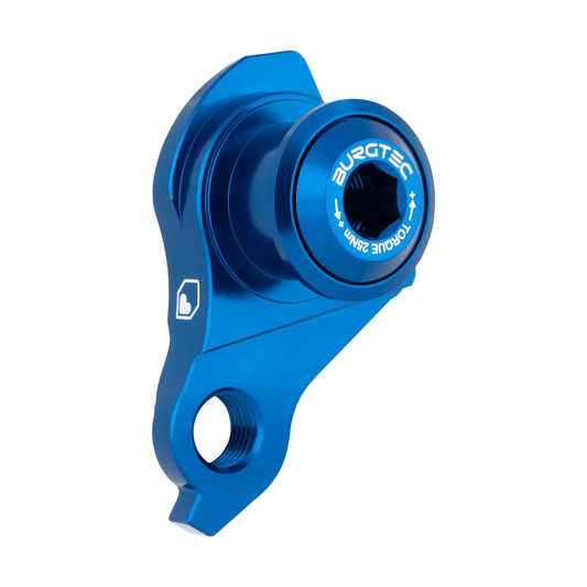 Patte de Dérailleur BURGTEC UDH Bleu — vue produit sur fond blanc