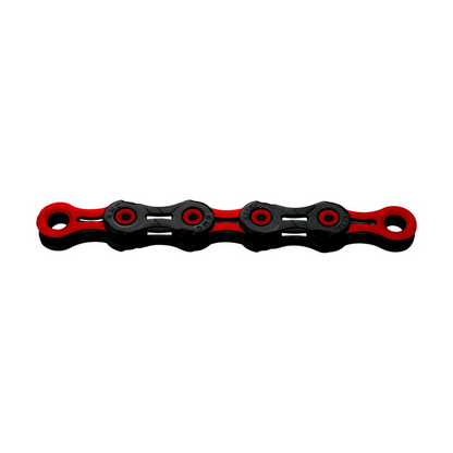Chaîne 11V KMC DLC11 Waxed Noir/Rouge Ciré — photo produit sur fond blanc